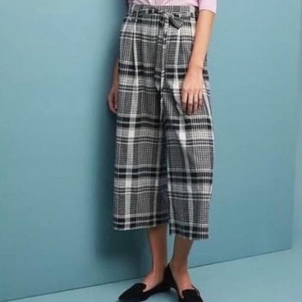 Ett TWA Anthropologie Luca Plaid Black White Pink Wide Leg Belted Pants size 4